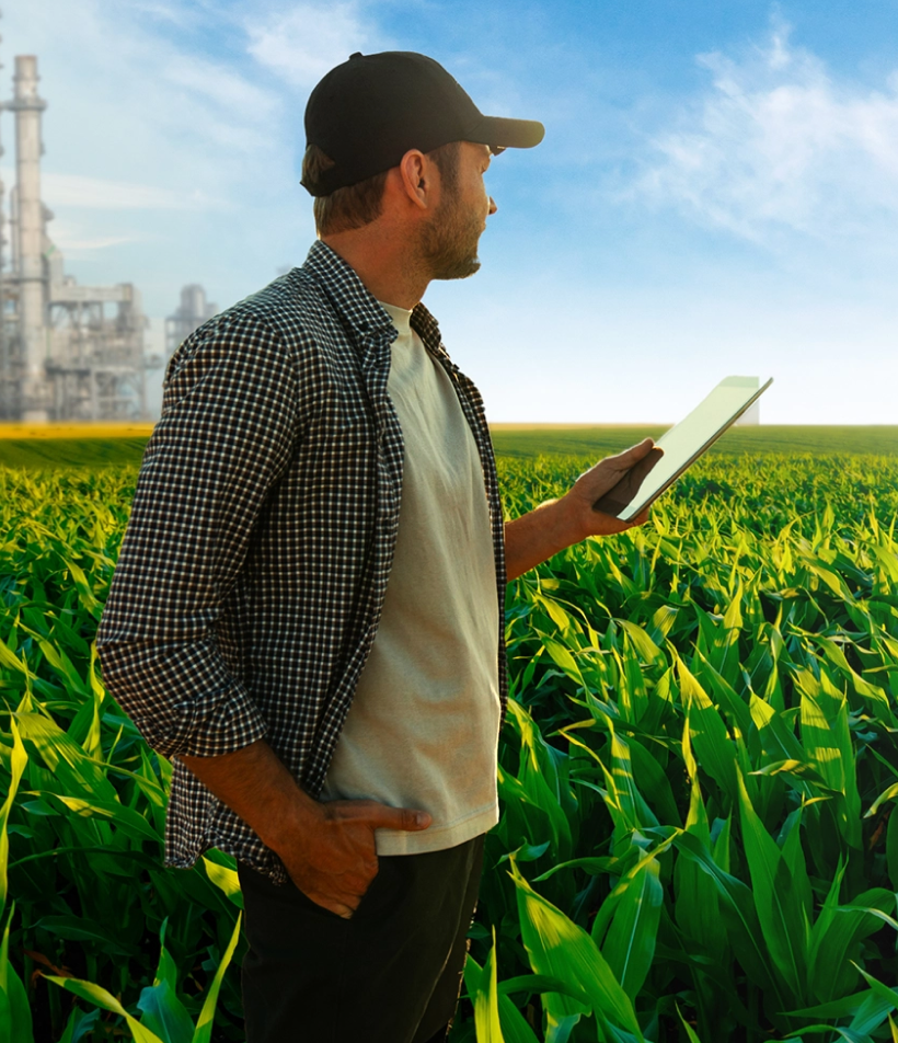 Farmer standing in a corn field using xarvio® BIOENERGY, an innovative low carbon intensity crops program that lowers, tracks and documents CI levels in corn.